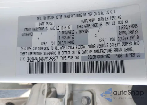 2024 Mazda Mazda3 2.5 S Preferred z USA, uszkodzony, nr VIN 3MZBPACM4RM425897